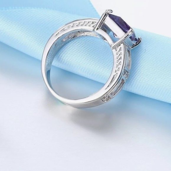 Ladies Large Blue Sapphire Princess Cut Bridal Ring .925 Solid Sterling Silver - Picture 4 of 12